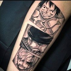 a person with a tattoo on their arm that has anime characters in the same image