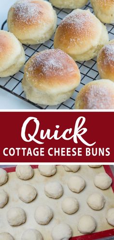 homemade cottage cheese buns on a cooling rack and in the background is a baking sheet with powdered sugar