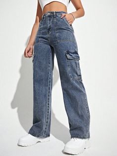 Women's Loose-Fit Casual Jeans With Pockets, Straight Leg Style Medium Wash Casual   Denim Plain Straight Leg Non-Stretch  Women Clothing, size features are:Bust: ,Length: ,Sleeve Length: Denham Jeans, Moda Jeans, Shein Outfits, Jeans Cargo, Blouse Sleeveless, Jeans Casual, Baggy Pants, Women Denim Jeans, Cargo Jeans