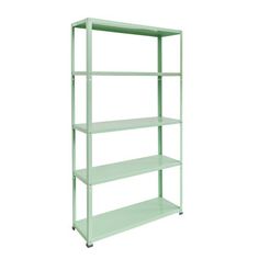 a green shelf with three shelves on each side