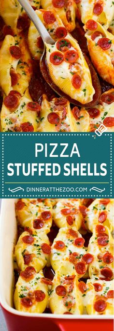 pizza stuffed shells in a red casserole dish with a spatula on top