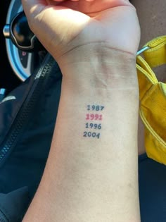 a woman's arm with a small wrist tattoo that reads, 1971 - 1994