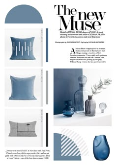 the new muste magazine features blue and white furniture, vases, and other decorative items