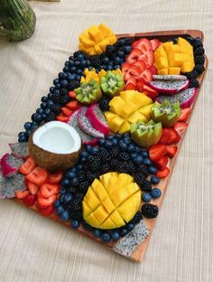 there is a tray with fruits and vegetables on it