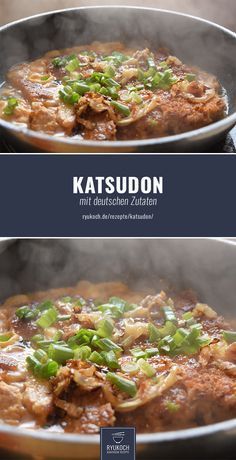 two pictures of food being cooked in a wok with the words katzsud on it