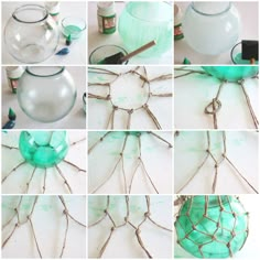 many different pictures of glass vases and wire