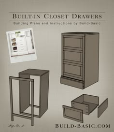 the building plans and instructions for build - in closet drawers, including an open bookcase