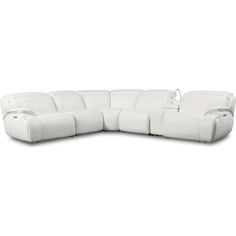 a white leather sectional sofa with two reclinings and one arm facing the camera