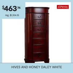 Number of Drawers: 7Included: 21 Necklace Hook(s), 10 Earring Slot(s)Features: Lift Top Lid, Felt-Lined Drawers, Quick ShipCompartments: 7Mounting Type: Free StandingTools Required: Screws (included)Measurements: 18 Width/Inches, 41 Height/Inches, 13.75 Depth/InchesWeight (lb.): 57 LbAssembly: Assembly RequiredBase Material: 100% WoodFinish: WhiteLining Material: FeltCare: Wipe CleanDecor Styles: TraditionalCountry of Origin: Imported White Jewelry Armoire, Jewelry Armoires, Standing Jewelry Armoire, Lined Drawers, Jewelry Holders, Jewelry Armoire, White Jewelry, Jewelry Organization, Armoire