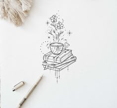 a drawing of a coffee cup on top of a stack of books next to a pen