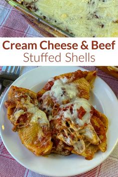 Cream cheese and beef stuffed shells covered with cheese and sauce on a plate Hamburger Meat Dishes, Ground Beef Cream Cheese