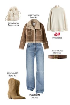 Embrace cozy autumn vibes with this stylish look featuring a shearling-lined suede jacket, classic cream sweater, and vintage-fit jeans. Paired with a rustic brown belt and cowboy boots, this outfit offers the perfect mix of comfort and style for colder days. Complete the look with a plush shearling bag for a cozy touch. Ideal for a casual day out or seasonal gatherings, this outfit is both versatile and effortlessly chic.  #AutumnOutfit #CowboyBoots #SuedeJacket #FallFashion #CasualChic #ShearlingBag #VintageJeans #FallStyle #CozyOutfits #AutumnLook #falloutfit Jeans And Cowboy Boots Outfit Winter, Winter Outfits Cowboy Boots, Winter Outfits With Cowboy Boots, Outfits With Brown Cowboy Boots, Cowboy Boots With Jeans Outfit, Brown Shearling Jacket Outfit, Cowboy Boot Outfits Winter, Cowboy Boot Outfits Fall, Brown Cowboy Boots Outfit Winter