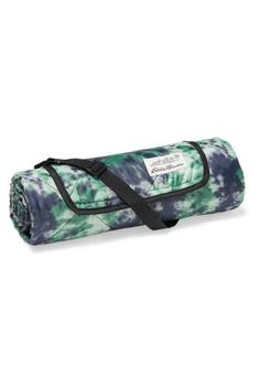 the green and blue tie dye duffel bag is folded up to show it's contents