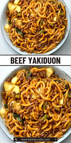 two pictures showing different types of food in the same pan, one is beef yakiduon and the other has pineapples