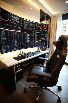 an office chair sitting in front of two computer monitors with graphs on the wall behind it