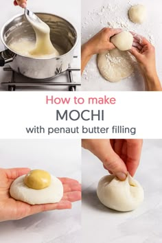 steps of making mochi with peanut butter filling Filled Mochi Recipe, Mochi Filling Recipe, Animal Mooncake, Mochi Dough Recipe, Japanese Candy Recipe, How To Make Mochi Recipes, Mochi Filling Ideas, Peanut Butter Mochi Recipe, Easy Mochi Recipe Simple