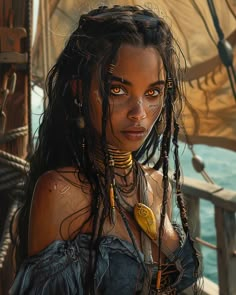 a painting of a woman with dreadlocks on her head and chest, standing in front of a boat