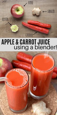 an apple and carrot juice is being used as a blender