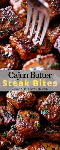 a fork sticking out of some meat bites with the words cajun butter steak bites on it