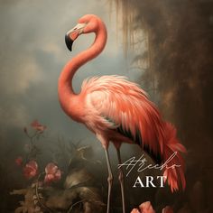 a pink flamingo standing in the middle of flowers