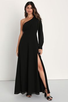 Elegant Black Dress - One-Shoulder Dress - A-Line Maxi Dress - Lulus One Sleeve Long Dress, Black Tie Gala Dress, High Neck Sleeveless Dress, Wedding Guest Outfit Ideas, Dresses Elegant Long, Black Tie Wedding Guest Dress, Mermaid Maxi Dress, Red Wedding Dress, Black Tie Wedding Guests