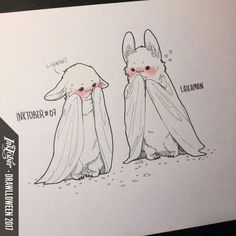 an ink drawing of two rabbits wrapped in cloths with words written on them that read,