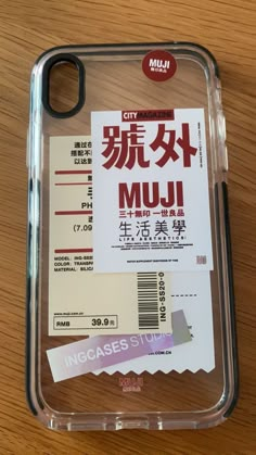 there is a plastic case with some stickers on the side of it that says muji