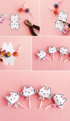 the instructions for how to make cute kitty lollipops with candy on sticks