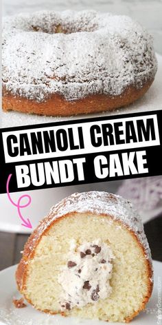 a bundt cake with powdered sugar and chocolate chips on top is cut in half