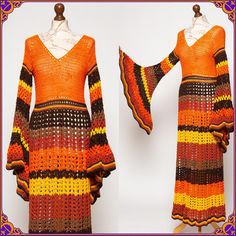 What you're looking at is a FAR OUT vintage '70s style maxi dress 100% handmade by our family! This spectacular piece is made from 100% cotton yarn so it's long lasting & breathable. It has been meticulously crocheted by hand with gorgeous electric orange, yellow, rust and brown yarn. It features gorgeous, dramatic bell sleeve and a plunging neckline. Size medium, US 6, UK 10, EU 38. Have fun and feel groovy in this amazing vintage inspired maxi dress! ⭐️ 🟥 TRUE HANDMADE with LOVE by us ♡🌈 🍄❀ one-of-a-kind vintage inspired piece 🟨 Made with only the highest quality with 100% cotton yarn (super soft, not itchy!). The cotton yarn is long lasting & breathable 🟧 It is a pull over fit with no closure /unlined 🟫 Color: Shades of electric orange, yellow, rust and brown 🟩 Care: Gently hand 1970s Crochet, Electric Orange, Brown Yarn, 70s Vintage Fashion, Hippie Dress, Dress 70s, Sleeve Crochet, Crochet Maxi Dress, Crochet Maxi