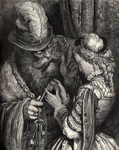 an old black and white drawing of a man holding a child's hand while looking at him