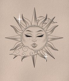 a drawing of a woman's face with the sun in her eyes and stars above it