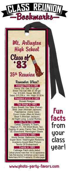 an advertisement for the class reunion bookmarks is shown in red and white with black ribbon