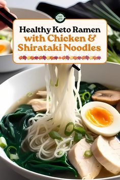 Healthy Keto Ramen with Chicken & Shirataki Noodles Recipe Chicken Ramen, Keto Easy, Shirataki Noodles, Ramen Recipe, Ramen Noodle Recipes, Ramen Soup, Keto Soup, Kale Recipes, Ramen Recipes