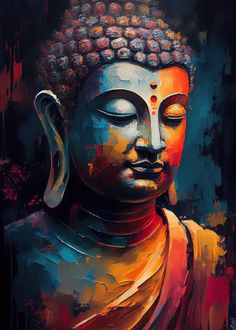 a painting of a buddha statue with eyes closed