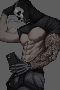 a drawing of a man with tattoos holding a cell phone in his right hand and wearing a skull mask