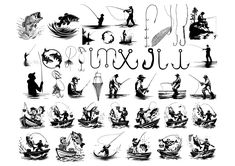 an image of fishermans in different positions on their boats and fishing rods, with the word