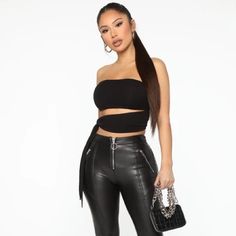 Fashion Nova Black Crop Tie Top- New With Tags Chic Crop Top Tube Top For Club, Chic Crop Tube Top For Club, Black Bandeau Top For Spring, Black Sleeveless Tube Top For Day Out, Sleeveless Black Tube Top For Day Out, Black Bandeau Crop Top For Spring, Trendy Black Crop Top For Day Out, Black Tube Top For Day Out, Chic Bandeau Crop Top For Night Out