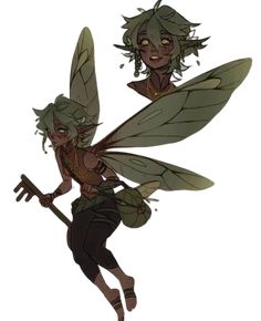 two cartoon characters with green hair and wings