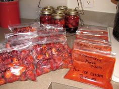 bags of dried cherries sitting on top of a counter