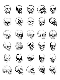 a bunch of skulls that are drawn in black and white, with different facial expressions