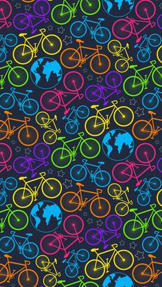 colorful bicycles on black background with stars and circles in the middle, all painted by different colors