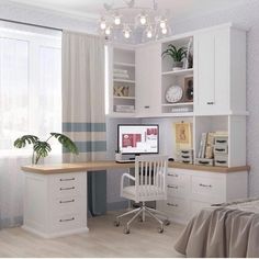 a bedroom with a desk, chair and computer on the desk in front of a window