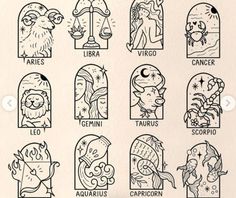 the zodiac signs are drawn in black and white on a piece of paper with ink