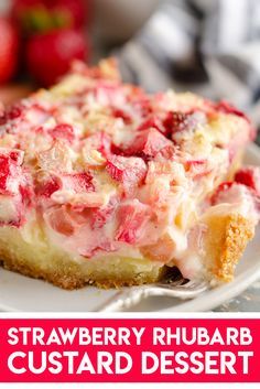 strawberry rhubarb custard dessert on a white plate