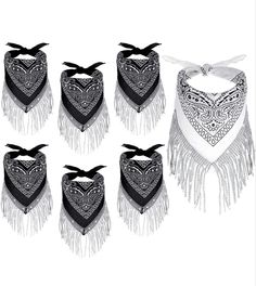 six bandannas with black and white designs on the top one has a bow at the bottom