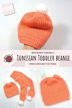 an orange knitted beanie and mittens with pom - poms on top