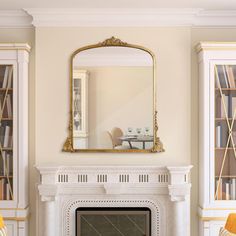 a living room with a fire place and a large mirror on the wall above it