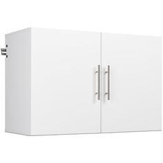 a white cabinet with two doors and handles