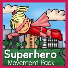 the superhero movement pack includes an image of a woman flying through the air with buildings in the background